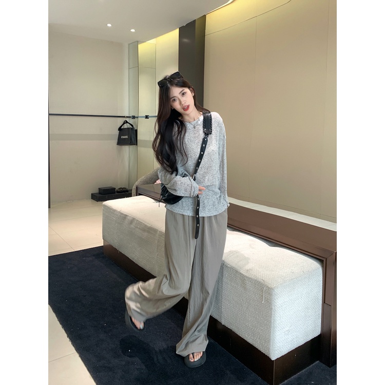 Red Baju kasual wanita pelangsing tabir surya kemeja lengan panjang T-shirt top musim panas lebar kaki celana longgar celana panjang two-piece set