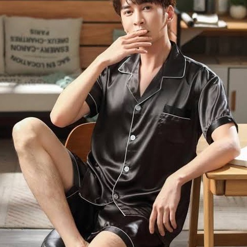 12.12 FLASH SALE baju tidur satin pria celana pendek set piyama cowok lengan setelan LD 110 120 Jumb