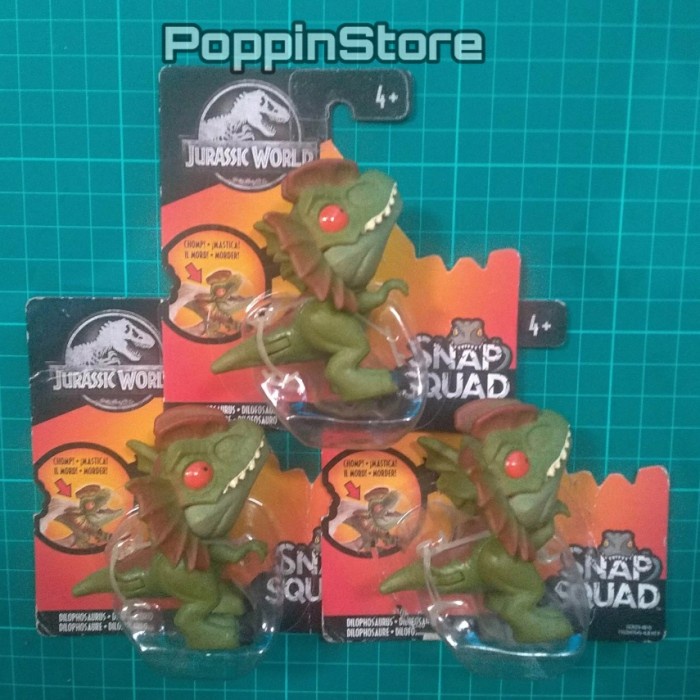 FLASH SALE JURASSIC WORLD SNAP SQUAD DILOPHOSAURUS WAVE 2 HIJAU MATA MERAH RARE TERLARIS