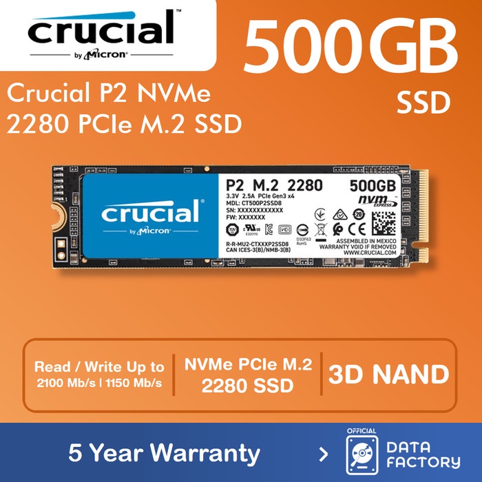 SSD M.2 NVME Crucial 500GB 2280 P2 3D NAND NVMe PCIe SSD - 5 Tahun