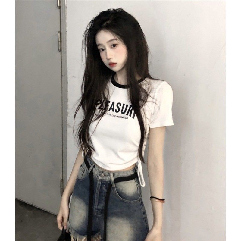 Red Cetak Huruf Putih Lengan Pendek T-shirt Wanita Musim Panas Rasa Desain Tali Serut Lipit Slim-Fit Pendek Pinggang Tinggi hot Girl Top