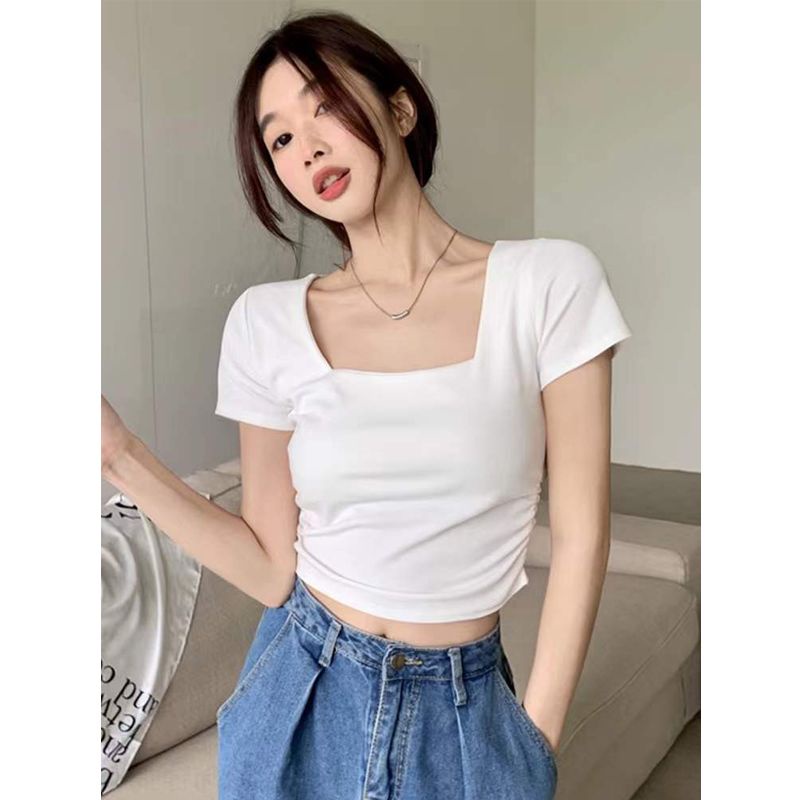 Red Bahu depan lengan pendek T-shirt wanita rasa desain ceruk musim panas hot gadis chic chic hitam slim square kerah atasan pendek
