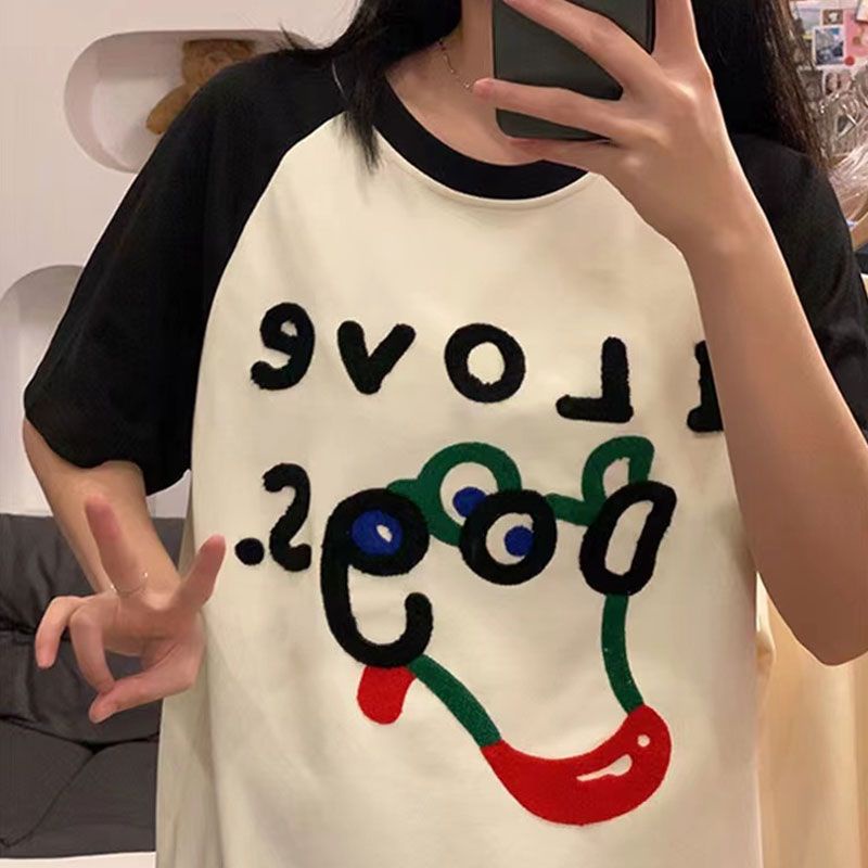 Red [100% katun] ins net merah musim panas handuk anak anjing baru bordir splicing longgar leher bulat lengan pendek t-shirt fashion wanita