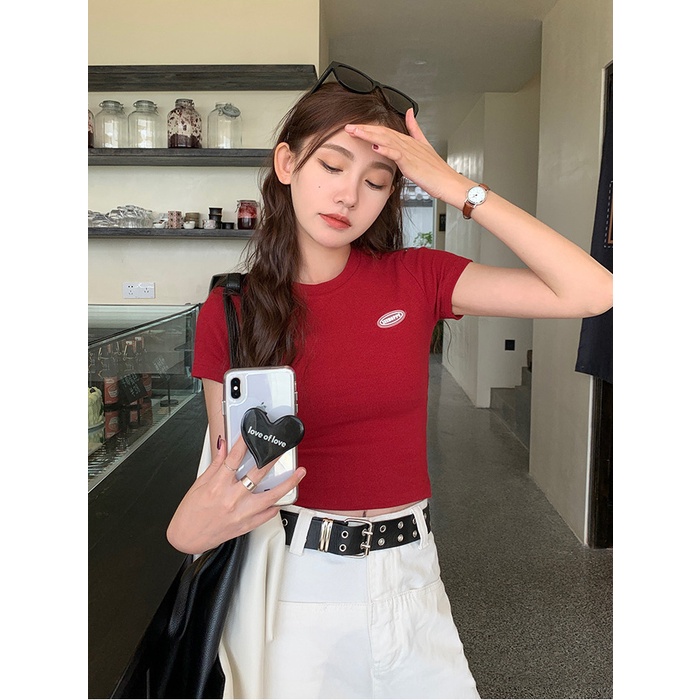 Red Retro Merah Bahu T-shirt Wanita Lengan Pendek Musim Panas Baru Slim Fit Katun Tipis T-shirt Hot Girl Pendek Ketat top