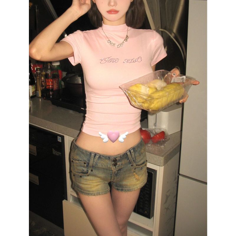 Red Rasa desain ceruk berlian panas setengah tinggi kerah lengan pendek wanita musim panas baru ramping pinggang t-shirt manis hot gadis pendek top