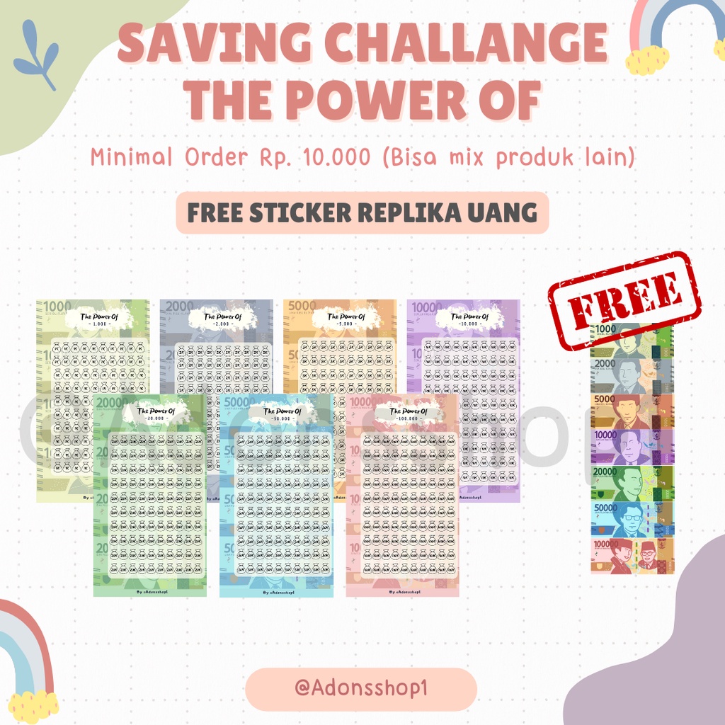 

[1 SET ISI 7] Saving Challange The Power Of FREE STICKER Replika Uang A7 A6 A5
