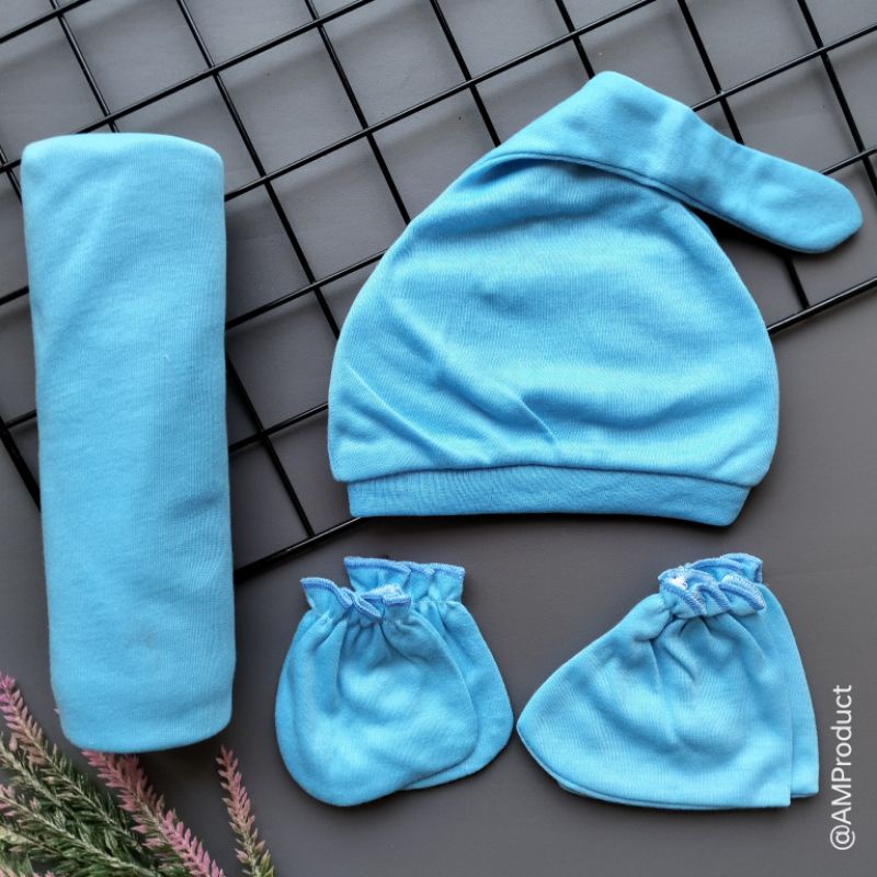 4in1 set bedong topi sarung tangan kaki bayi polos