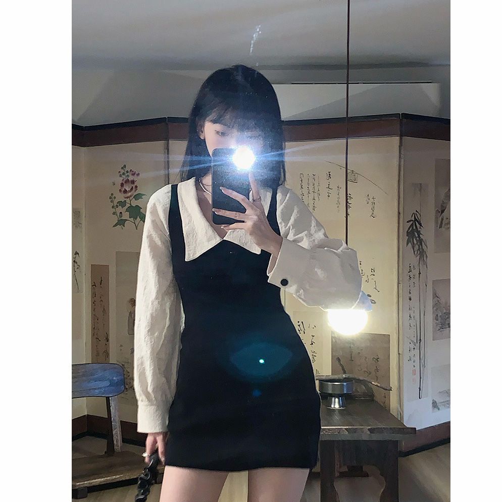 Red Awal musim gugur Gaya Korea keinginan murni kuliah angin kerah gaun pria kecil temperamen pinggang tinggi baru ramping tas pinggul rok wanita