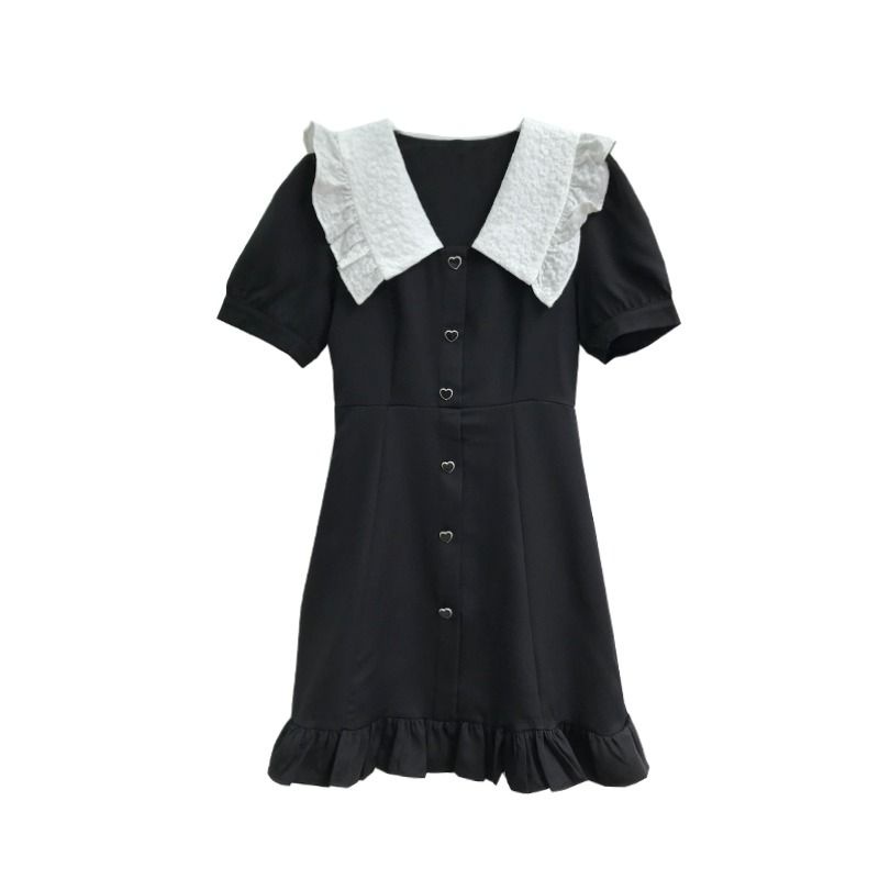 Red Hepburn style black design sense French puff sleeve doll collar short sleeve waist dress female