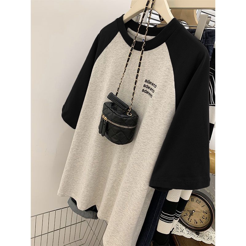 Red 100% katun American retro raglan lengan pendek t-shirt wanita musim panas rasa desain ceruk lengan setengah t-shirt longgar top
