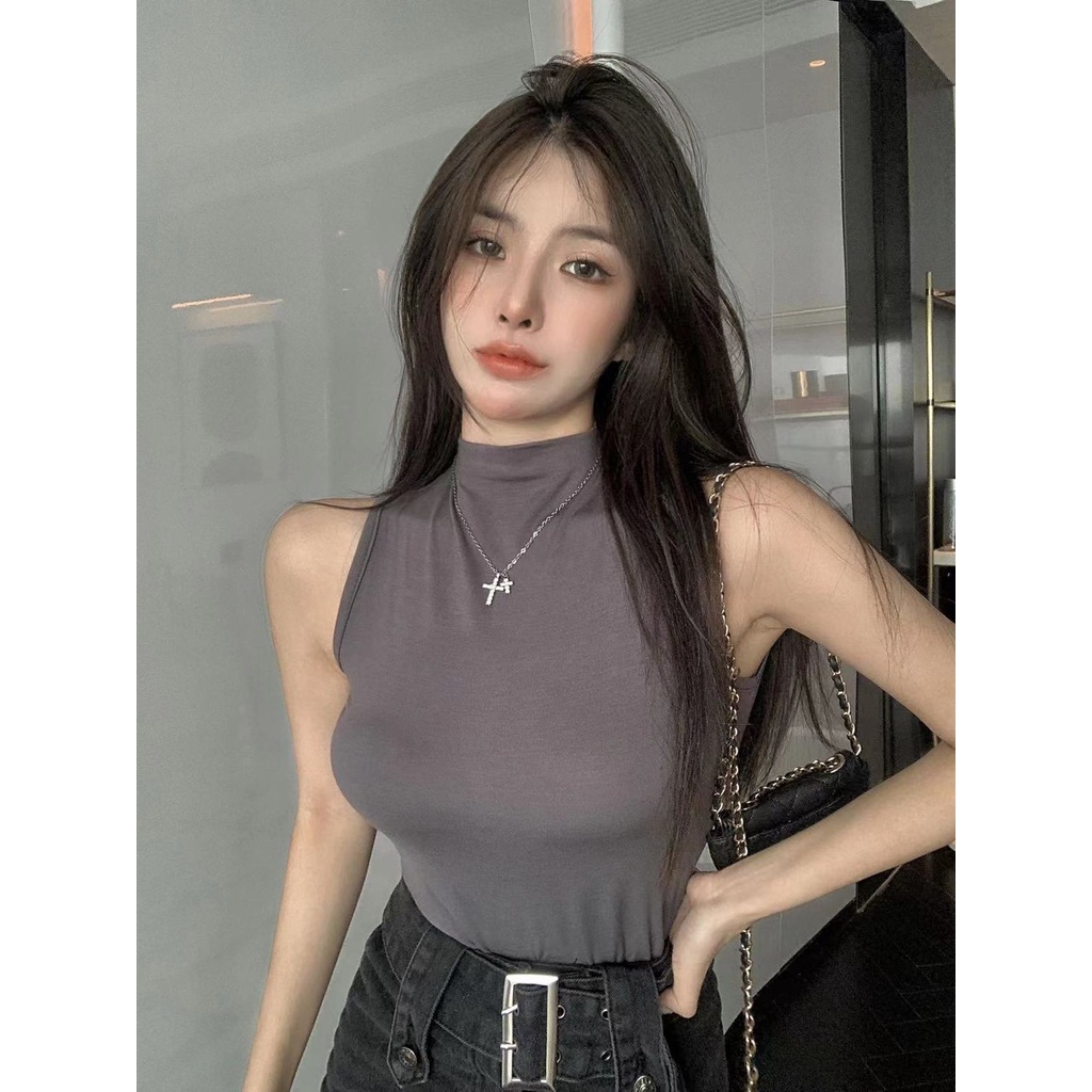 Red Angin Keinginan Murni Gaya Korea Rompi Kerah Setengah Tinggi Wanita Musim Panas Temperamen Baru Fashion Slim Slim Pendek Tanpa Lengan Top Tide