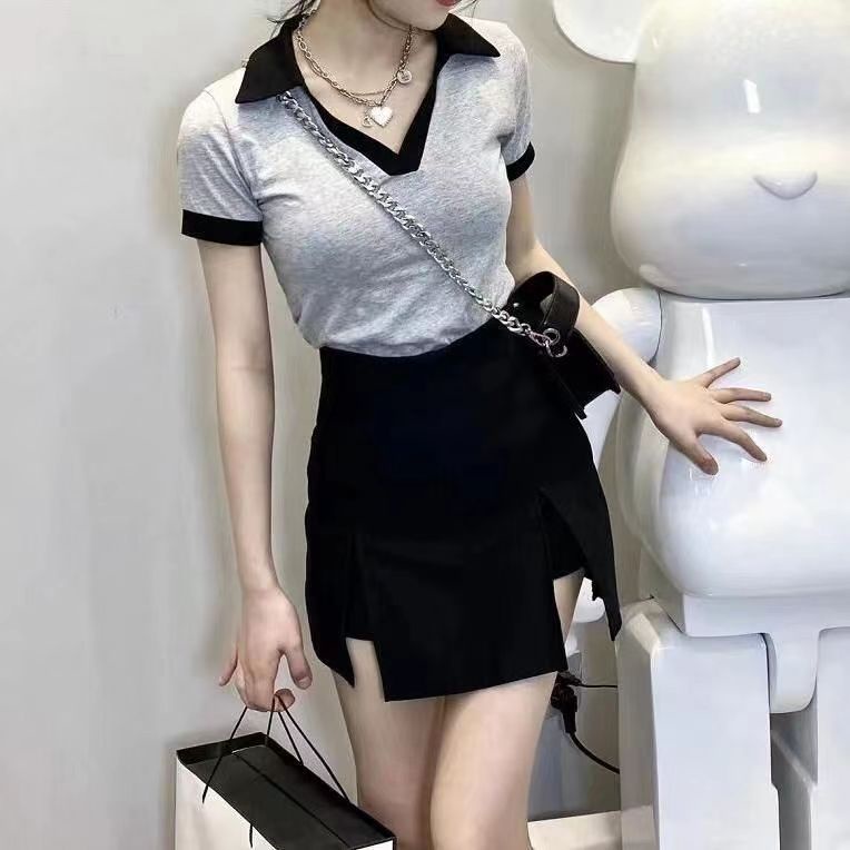 Red 2022 musim panas versi Korea baru V-neck T-shirt pendek top temperamen tinggi pinggang celah tas hip rok celana setelan jas