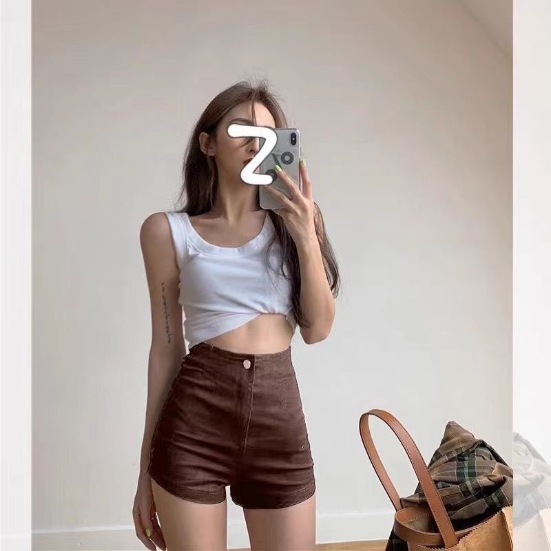 Red 2023 musim panas sekolahan coklat hot pants vibe gaya all-match celana pendek tipis pinggang tinggi baru jeans kaki lebar