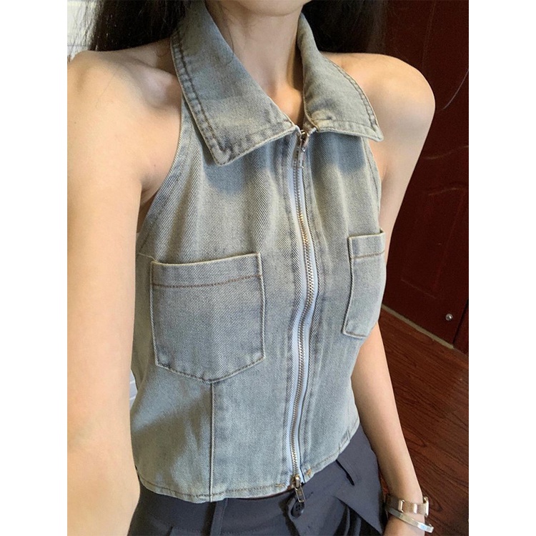 Red American retro design sense POLO collar denim vest wanita musim panas keinginan murni menggantung leher tinggi pinggang pendek tanpa lengan rompi
