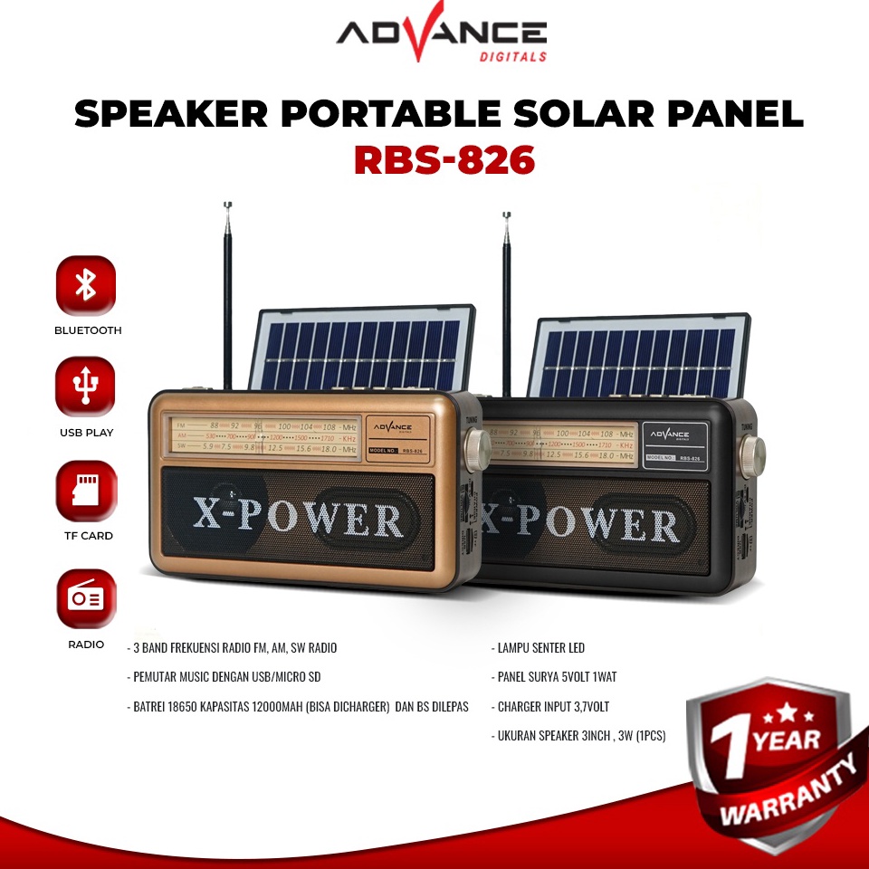 Produk.. Advance RBS-826 Speaker Radio Bluetooth Panel Surya Charger Matahari NIS