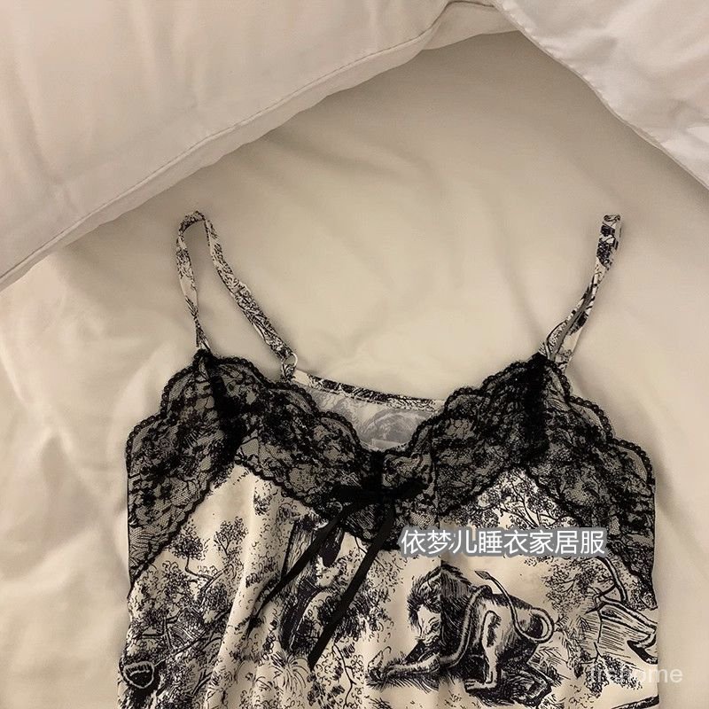 Piyama selempang wanita dengan bantalan dada rasa dingin 2023 renda baru tepi renda set pakaian ruma
