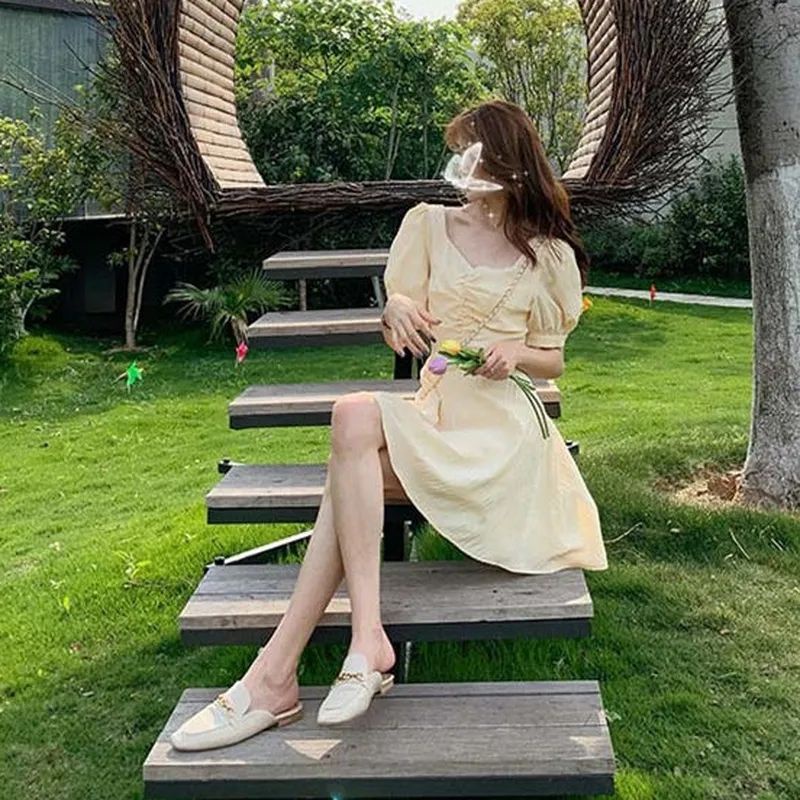 Dress Korean Style Lengan Puff Earth Tone Vintage