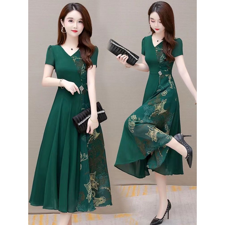 Gaun sifon lengan pendek ibu paruh baya musim panas