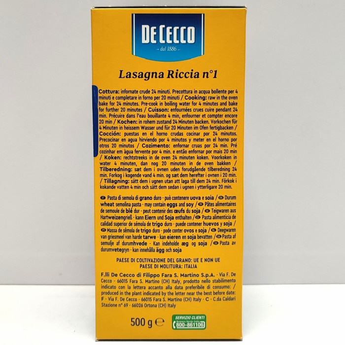 

Lasagna No.1 Pasta De Cecco 500G- Lasagna Bolognese Sheet Italy