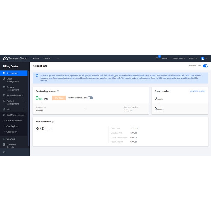 Panel TencentCloud With Balance