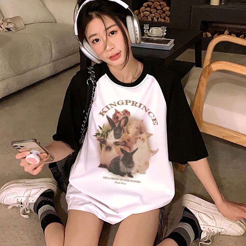 Print T-shirt Kaos Lengan Pendek Cartoon Rabbit Family Printing Oversize Atasan Wanita Korean Style