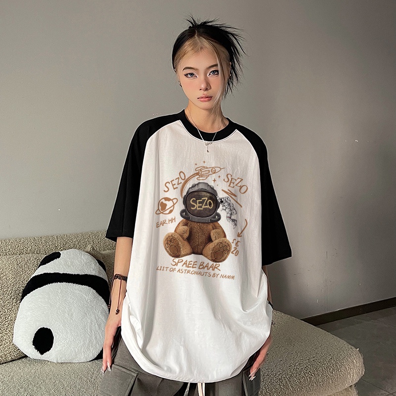 Print T-shirt Kaos Lengan Pendek Cartoon Sezo Aero Bear Printing Oversize Atasan Wanita Korean Style