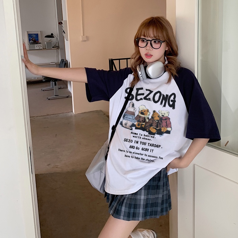 Print T-shirt Kaos Lengan Pendek Cartoon Sezo Bear Printing Oversize Atasan Wanita Korean Style