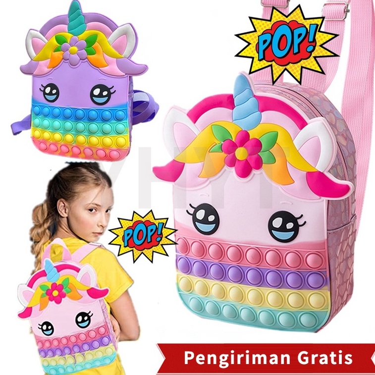 TERBARU. Tas Ransel Pop It Unicorn Makaron Rainbow Murah Anak Penghilang Stress Pop It / Tas Sekolah