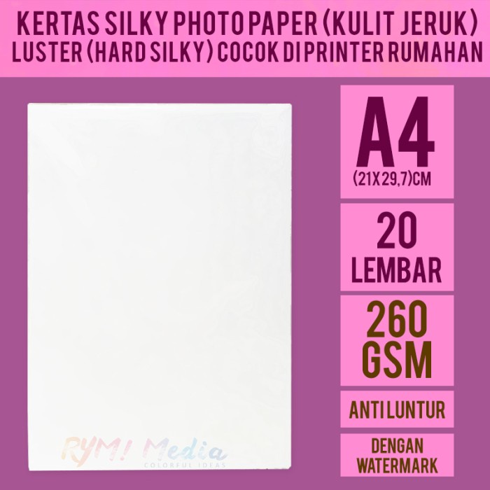 

Terlaris Kertas Foto Hard Silky 260 Gsm A4 Isi 20 / Photo Paper Kulit Jeruk Lst