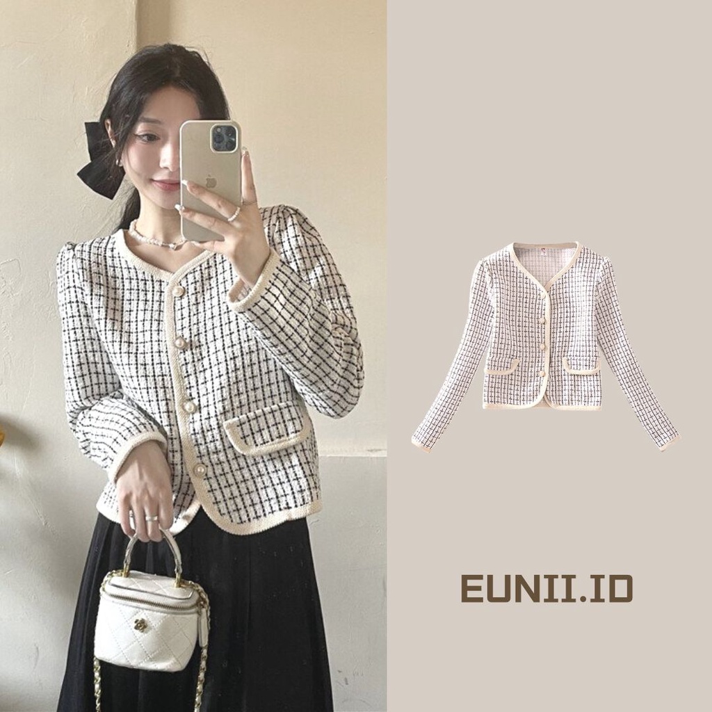 EUNII Jaket Wanita Terbaru Lengan Panjang V-neck Kotak-kotak Jacket Outer Crop Korean Style