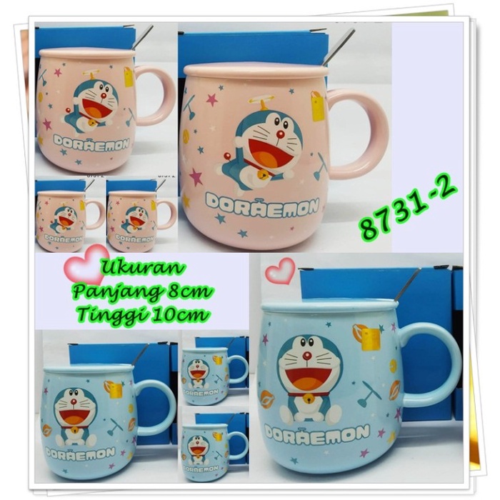 Mug Gelas Keramik Motif Doraemon Ada Tutup dan Sendok