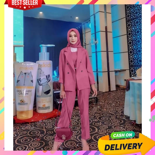 One Set Blazer Wanita Kerja Import Korean Style Jumbo Kemeja Cewe Bahan Adem Outer Kondangan Untuk O