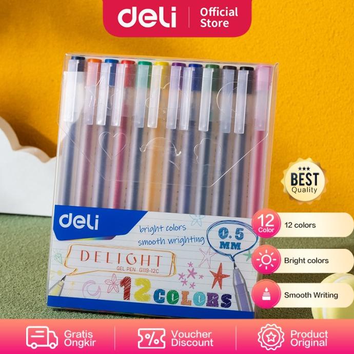 

Deli School Gel Pen/Pulpen Gel 0.5Mm 12Warna Penulisan Halus Eg119-12C