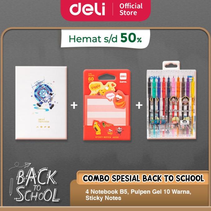 

Paket Siap Sekolah Deli - Buku Tulis B5, Gel Pen Warna, Sticky Notes