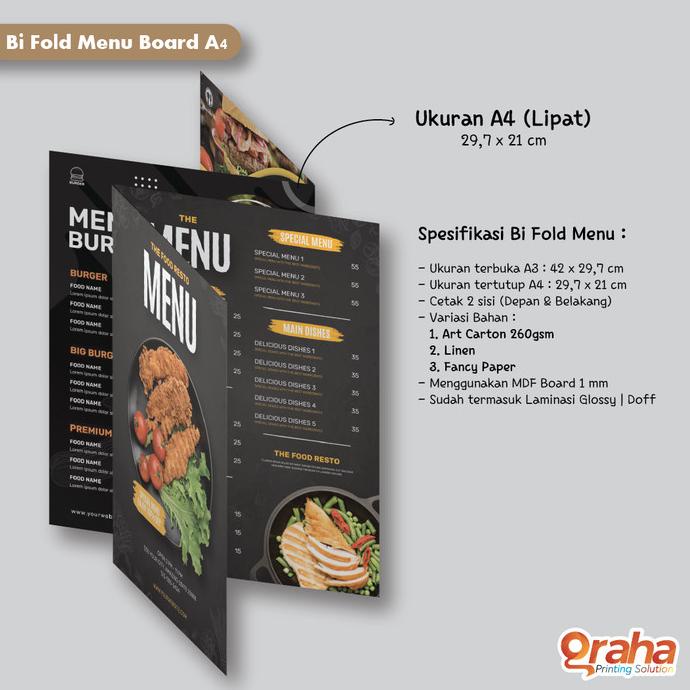 

Cetak Daftar Menu Board / Papan Menu / Menu Resto A4 (Bi Fold / Lipat)