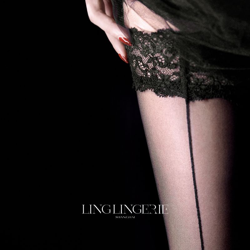 ■❁Aya "string" 1D mid-seam back line stockings black lace stockings over-the-knee stockings sexy hig