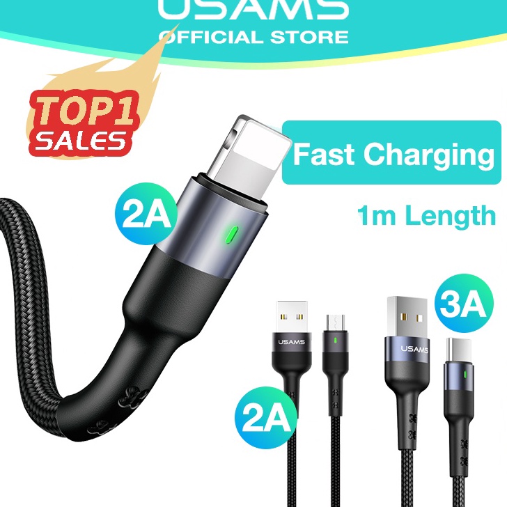 ⚡COD⚡ USAMS Official Original Kabel Data U26 LED Fast Charging USB IPHONE / TYPE C / Micro Kabel Lig