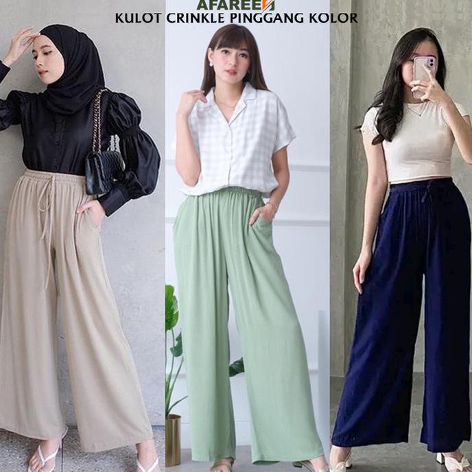 Trend Kulot Crinkle Airflow Celana Panjang Wanita Basic Polos Pinggang Kolor Berkualitas
