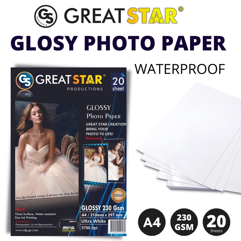 

43 Glosy photo Paper/KERTAS FOTO great star 230 gsm A4/20 90