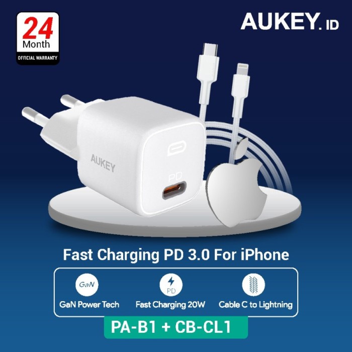 Charger Aukey PA-B1 20W USB-C PD 3.0 + Aukey Cable CB-CL1 For iPhone