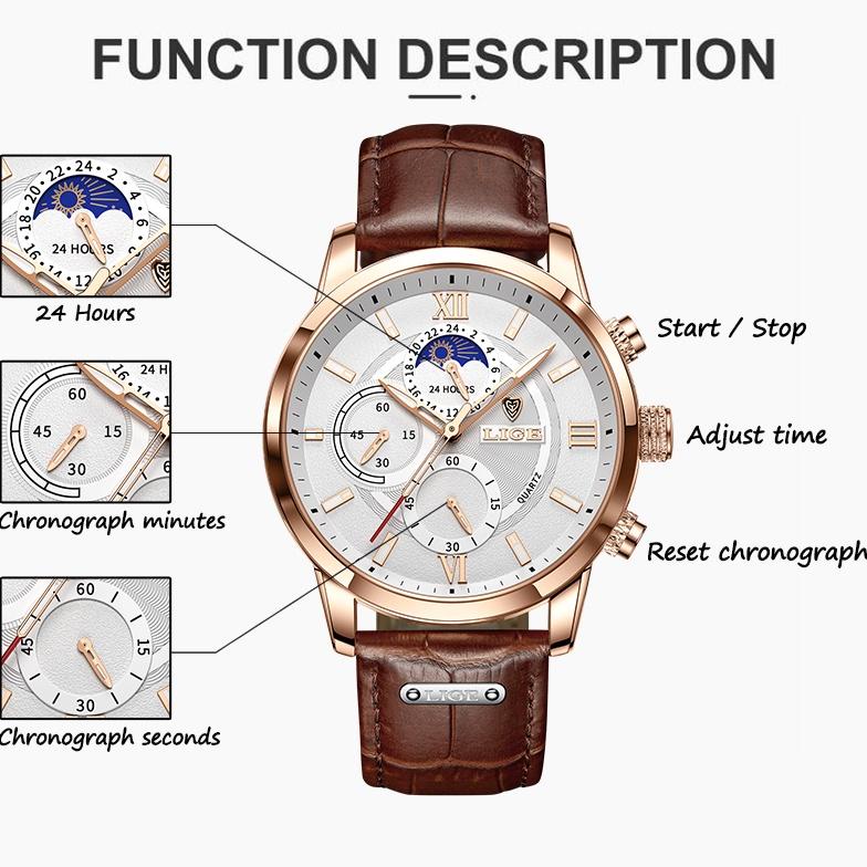 AWA921 LIGE  terbaru original jam tangan pria tali kulit anti air olahraga kronograf jam tangan + kotak +++