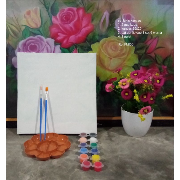 

set lukis kanvas : cat 6 warna (warna sekunder), kuas, palet, kanvas 20x20