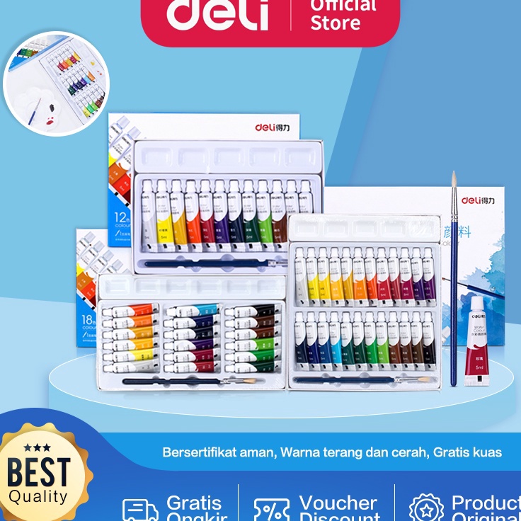 

➚Best✣ PDQYE Deli Water Color Paint / Cat Air Set 5 ML Bersertifikat Aman Gratis Kuas 738XX 087 Terbaru