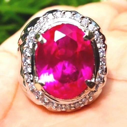 ,,,,,,,] Cincin Alpaka Batu Akik Permata Merah Delima Rose Pink Quartz Cutting
