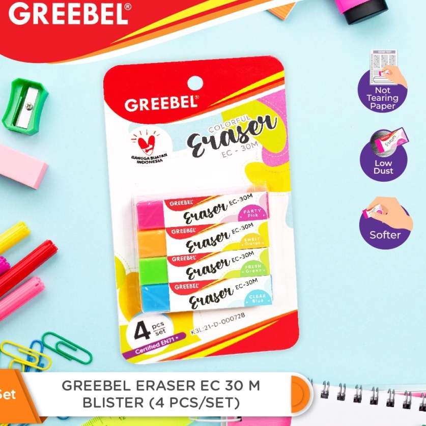 

Free Ongkir GREEBEL Penghapus warna warni Setip Bersih Tidak Berdebu Tidak mudah Patah/ ERASER EC 30 M BLISTER (4 PCS/SET) / untuk anak sekolah & perlengkapan kantor office