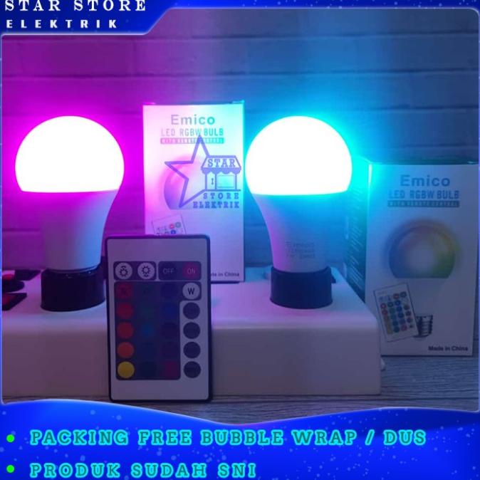=====] EMICO LAMPU HIAS BOLAM LED RGB REMOTE 7 WATT E27 RGBW 7W