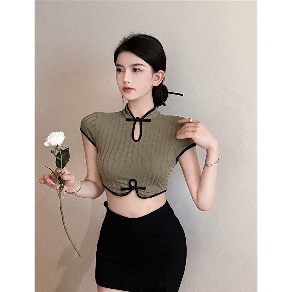 Baju Rajut Lengan Pendek Cheongsam Modern2023Atasan Kemeja Dasar Cantik Berongga Ramping Pendek Musi