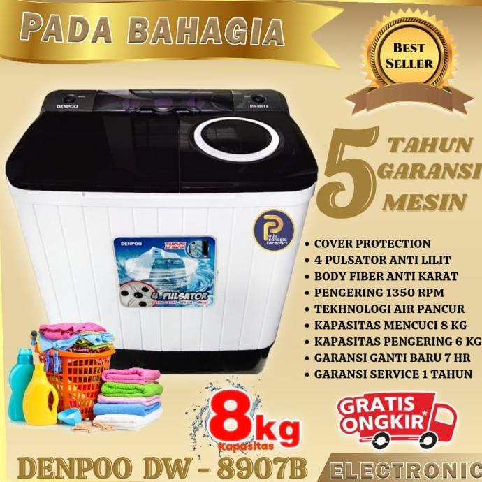 DENPOO MESIN CUCI DW 8907 4P 8KG 2 TABUNG - Hitam
