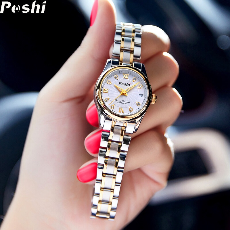 POSHI Jam Tangan Wanita Korea Automatic Steel Band Watch Wanita Mewah Kuarsa Tahan Air Jam Tangan Fa