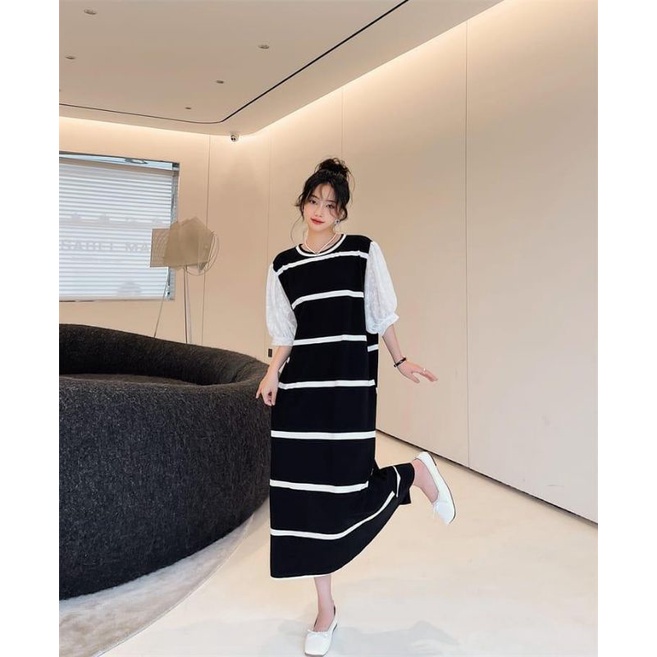 86210 Pakaian baju maxi  long dres dress panjang lengan balon ballon pendek warna hitam stripe garis